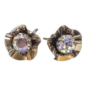 🤩 Vintage 60s Aurora Borealis AB Crystal Rhinestone Gold Screw Back Earrings